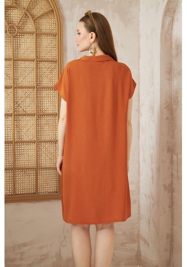 Kadın Bol Kesim Polo Yaka Kısa Kollu Günlük Kısa Midi Elbise Dizüstü 2883200 Kiremit