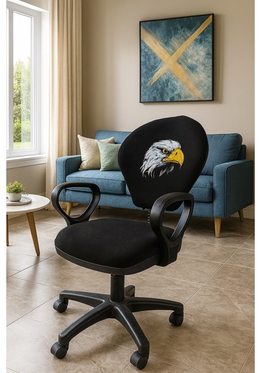 Kara Kartal Desenli Taraftar Baskılı Çocuk Odası Ders Çalışma Ofis Koltuğu Bilgisayar Sandalyesi Siyah - Beyaz