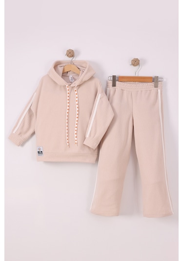 Monox Kız Çocuk Çiçek Baskılı İpli Şeritli Pantolon Fitilli Polar Takım Bej