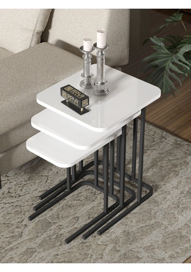 Zigon Sehpa Metal Ayak 3'lü Koltuk Yan Sehpa Zino Beyaz Beyaz