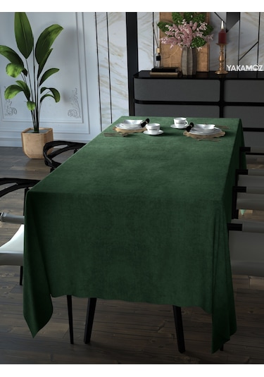 Sarmaşık Yeşili Kadife Dokulu Masa Örtüsü Dertsiz Velvet Touch Serisi Sarmaşık Yeşili