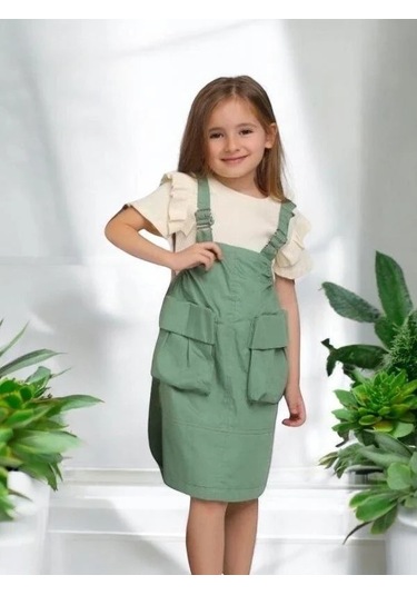 Kız Çocuk Büyük Cepli Askılı Salopet-14133 Yeşil