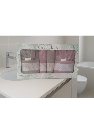 Castella 8 Parça %100 Pamuk Kutulu Çeyizlik Aile Bornoz Seti Gri