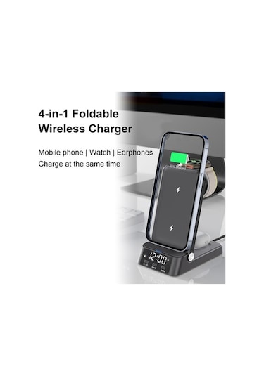 Pazly 15w 4-in-1 Manyetik Kablosuz Şarj İstasyonu, Saatli, Hızlı Şarj, Kullanışlı Tasarım