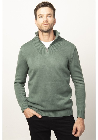 Tudors Slim Fit Dar Kesim Dik Yaka Fermuarlı Erkek Kazak-26349 Yeşil