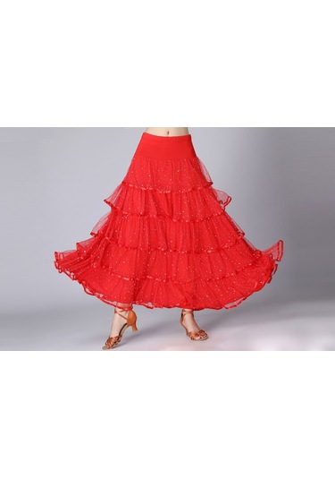 Sones Pullu Salıncak Modern Dans Uzun Etek Yarışma Kostümü Kırmızı