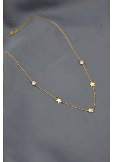 Papatya Silver 925 Ayar Gümüş Altın Kapla Taşlı Yıldız Kolye Bileklik Set