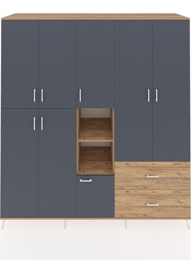 Kronos Dolap 12 Raflı 2 Çekmeceli Tek Askılı 220x59x243 Çam-antrasit/çam Antrasıt/atlas Çam