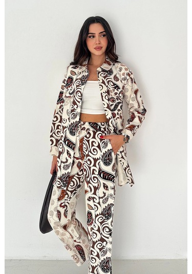 Etnik Desen Baskılı Keten Takım Kahverengi