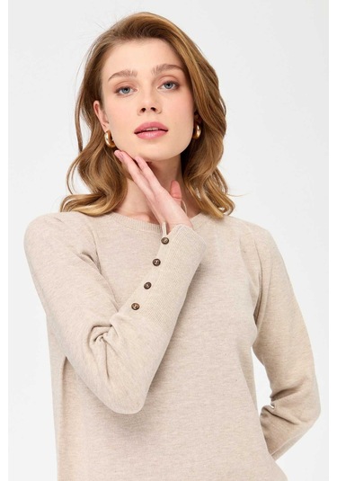 Desen Triko Kadın Sıfır Yaka Önü Kısa Arkası Uzun Bluz 23331 Bej