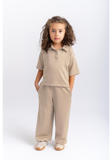 Oliventhekid Unisex Polo Yaka Bol Paçalı Takım Bej Bej
