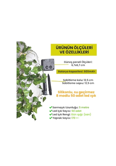 Upway 5 Metre Doğal Sarmaşık Yapraklı Su Geçirmez Dekoratif 50 Led Lamba Sarı