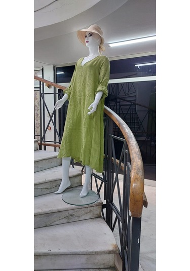 İtalyan V Yaka Uzun Kol Keten Elbise-8907 Fıstık Yeşili