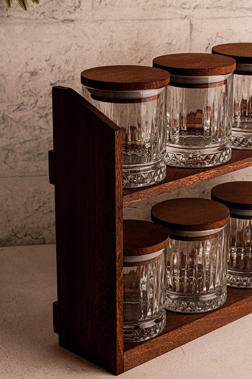 Mira Küçük - Standlı 8'li Vakumlu Ahşap Kapaklı Cam Baharatlık Takımı Saklama Kabı Seti 210 Ml Ahşap