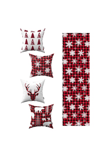 Kırmızı Siyah Ekose Yılbaşı Temalı 4'lü Kırlent Kılıfı 1 Runner Seti 4kmbs84-rs-01