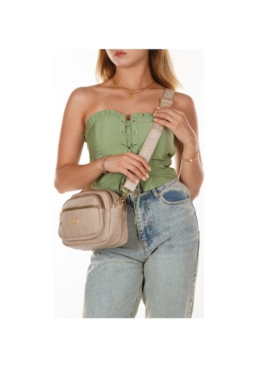 Kadın Çapraz Askılı Yumuşak Dokulu Günlük Omuz Çantası Vizon
