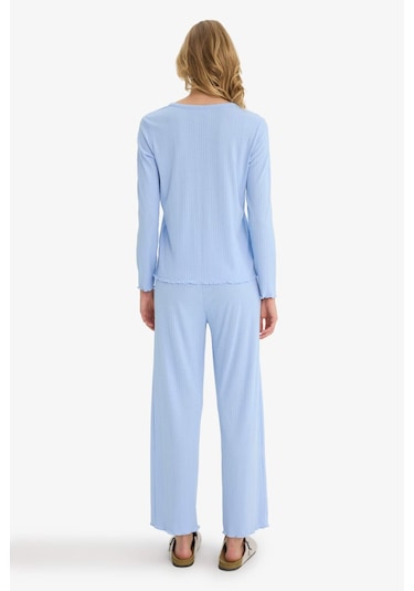 Defacto Pijama Takımı Regular Fit Ribana Uzun Kollu Üst Uzun Alt-fall İn Love D2273ax25aube551 Mavi