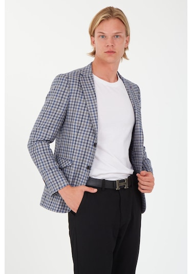Sposo 5138 Dar Kalıp Kare Desenli Gri Erkek Blazer Ceket Gri