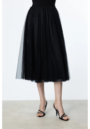 Ekol Kadın Kendinden Desenli Tül Etek 1526 Siyah Siyah
