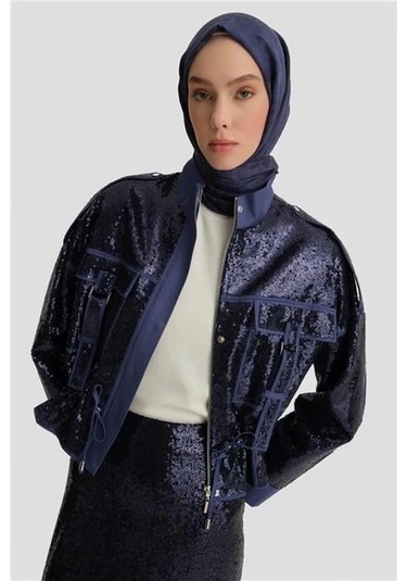 Armine Kumaş Mixli Payetli Ceket 25y5916 Puslu Mor Mavi