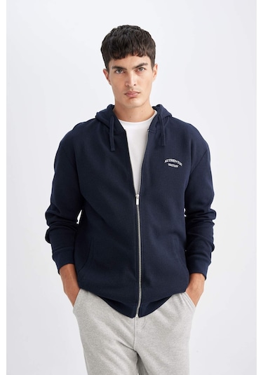 DeFacto Lacivert Relax Fit Kapüşonlu Waffle Baskılı Cepli Fermuarlı Sweatshirt D2629AX24AUNV71 Lacivert