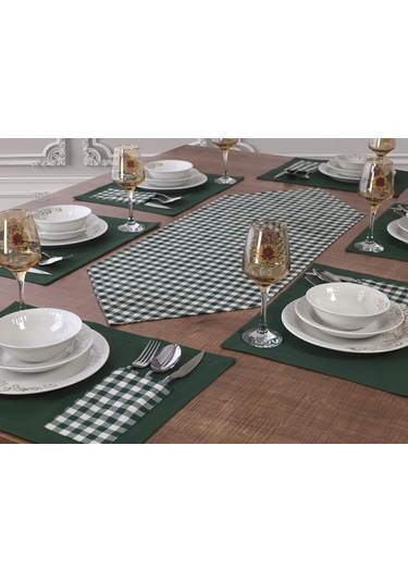 Amerikan Servis Ekose Yeşil Pamuklu Supla ve Runner Seti Çok Renkli