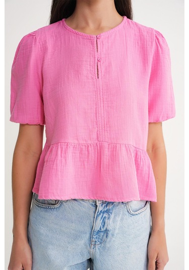 4713 Kadın Beli Büzgülü Kolu Lastikli Bol Müslin Bluz Pembe Pembe