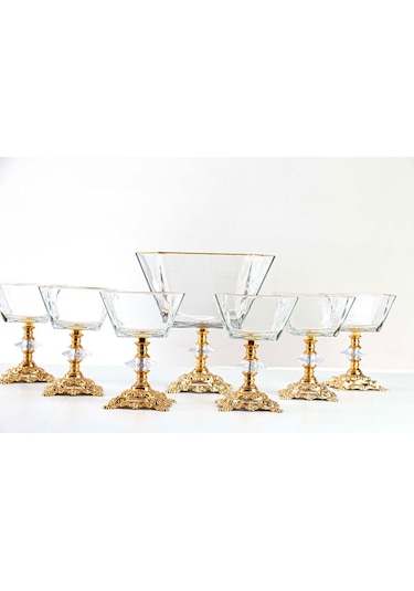 Plt Design 7 Parça Metal Ayaklı Gold Detaylı Cam Büyük Boy Salata - Magnolia Dondurmalık