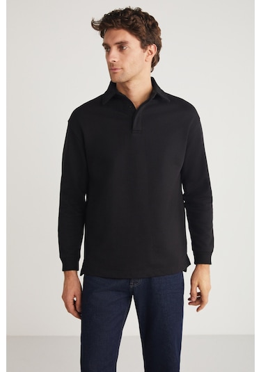 JOHN  Erkek Polo Sweat Gömlek Yakalı Arkası Uzun Yırtmaçlı Diagonel Kumaşlı Siyah Sweatshirt