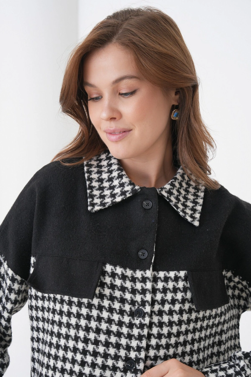 Kadın Desen Bloklu Oduncu Oversize Bol Ve Geniş Kalıp Casual Cepli Yakalı Ceket Gömlek Siyah