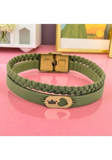Archin Taç Temalı Kalp Motifli 14 Ayar Altın Plakalı Zeytin Yeşili Derili Hediye Bileklik-556sembol Taç