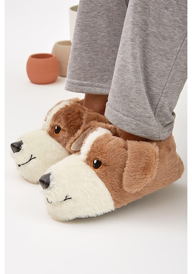 Kahverengi Hayvanlı Sessiz Taban Panduf Sevimli Köpek Figürlü Peluş Ev Ayakkabısı Kahverengi