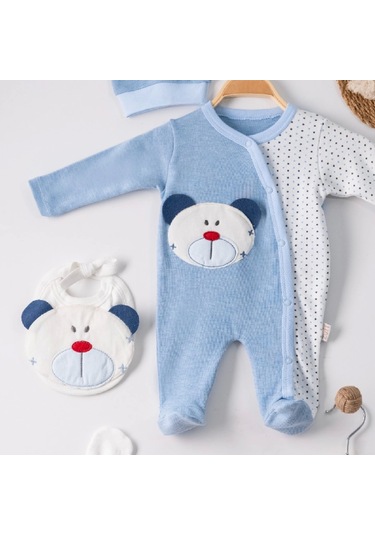 3 Ay Ayıcık Nakış Tulumlu Erkek Bebek 5'li Set Mavi Mavi