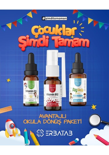 Erbatab Okula Dönüş Paketi Vitamin D3 Vitamin B12 Alg Yağı Omega-3