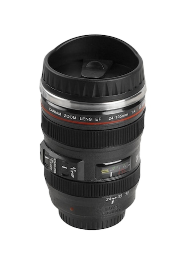 Honmex Kamera Lens Desenli 400ml Paslanmaz Çelik Termos Bardak, Dökülürsüz, Kahve/çay İçin Siyah Siyah