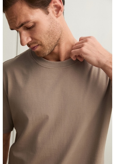 Grimelange Solo Erkek %100 Organik Pamuklu Kalın Dokulu Comfort Fit Bisiklet Yakalı Vizon T-shirt Vizon