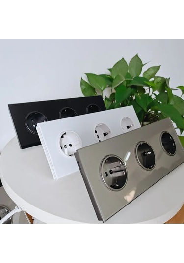 Tenfowee 3 Lü Topraklı Elektrikli Çıkış, 16a, Siyah Cam Paneli, Çocuk Güvenliği Kapaklı, Avrupa Standartı Type C/f Gri