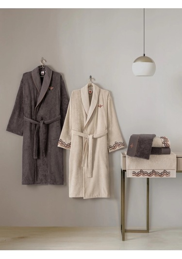 Cotton Box Puff Nakışlı Aile Bornoz Seti Gala Bej- Petrol Petrol