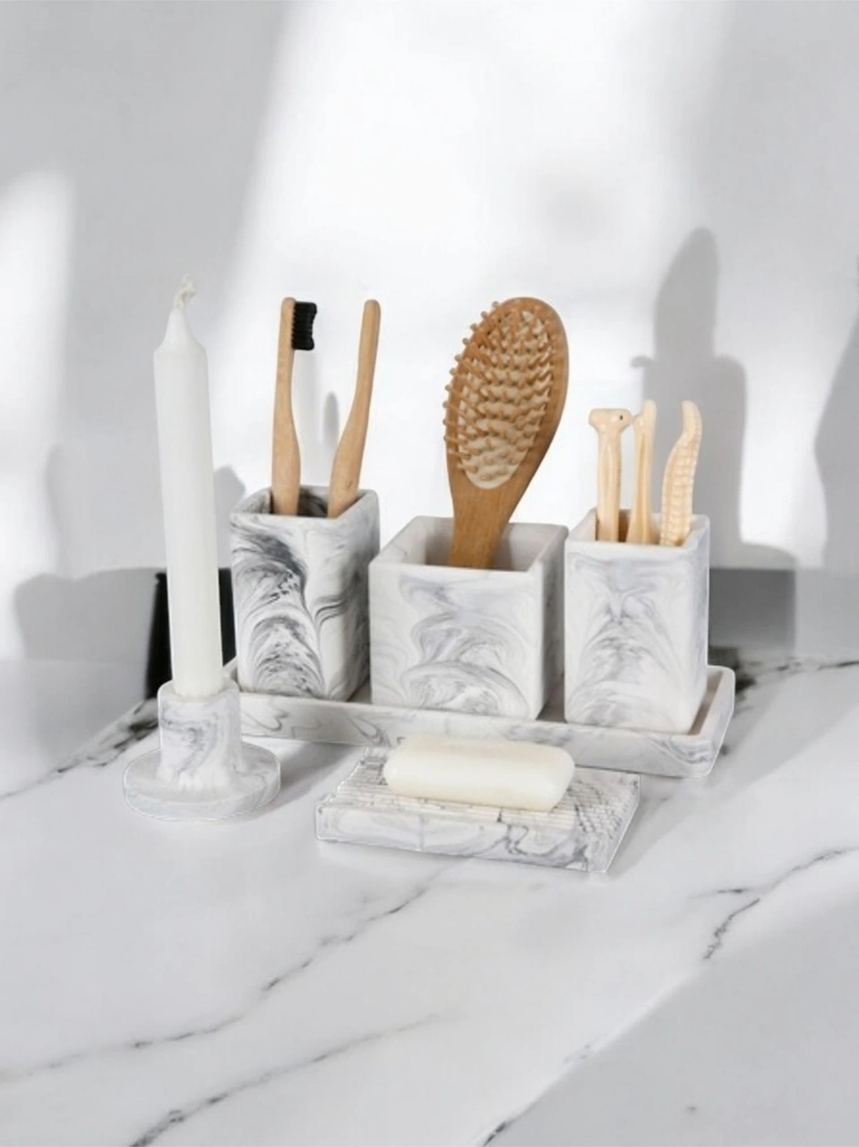 6 Parça Mermer Desen Beton Banyo Seti Diş Fırçalık Tütsülük Mumluk Tepsi Sabunluk Gri