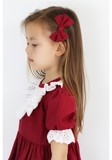 Kız Çocuk Bordo Ruby Fırfırlı Dantel Detaylı Kısa Kollu Elbise Bandana Takım Elb-0070.6 Bordo