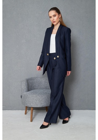 Kare Düğmeli Yünefekt Takım Lacivert Düz Lacivert