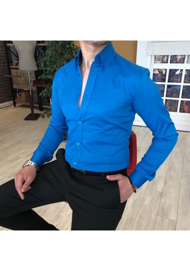 Italyan Stil Slim Fit Dik Yaka Saten Erkek Gömlek Saks T4744 Saks
