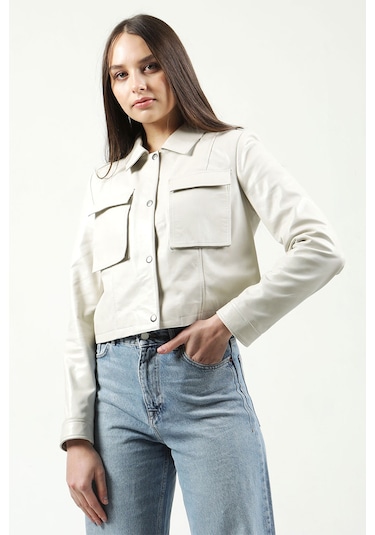 Dericlub Yb-Vgn1 Crop Fit Gerçek Deri Kadın Mont Bej