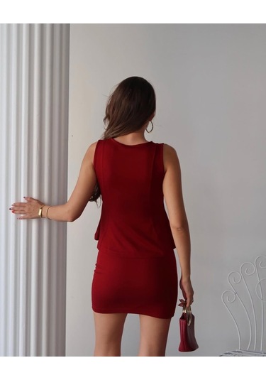 Soonaksesuar Kadın Modal Kumaş Volanlı Mini Etek Takım Kırmızı