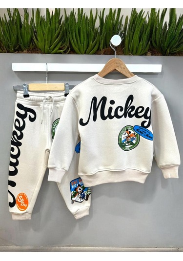 Yeni Sezon Mickey Mouse Baskılı 3 İp Şardonlu Sweatshirt Eşofman Alt Üst Takım Taş