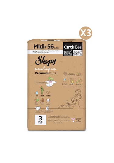 Sleepy Ecologic Premium Plus Avantajlı Paket Bebek Bezi 3 Numara Midi 168 Adet 3'lü