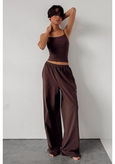 Kahverengi Geniş Paça Basic Kadın Eşofman Altı Mg2553 Kahverengi