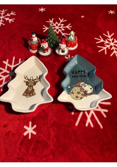 Yılbaşı Temalı 2'li Ağaç Tasarımlı Desenli Seramik Sunum Servis Tabağı 17x12 Cm Geyikli Ve Noel Babalı