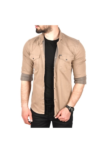Deepsea Erkek Bej Slim Fit Pamuklu Cepli Kot Gömlek Çıtçıtlı Uzun Kollu Spor Gömlek 2502503 Bej