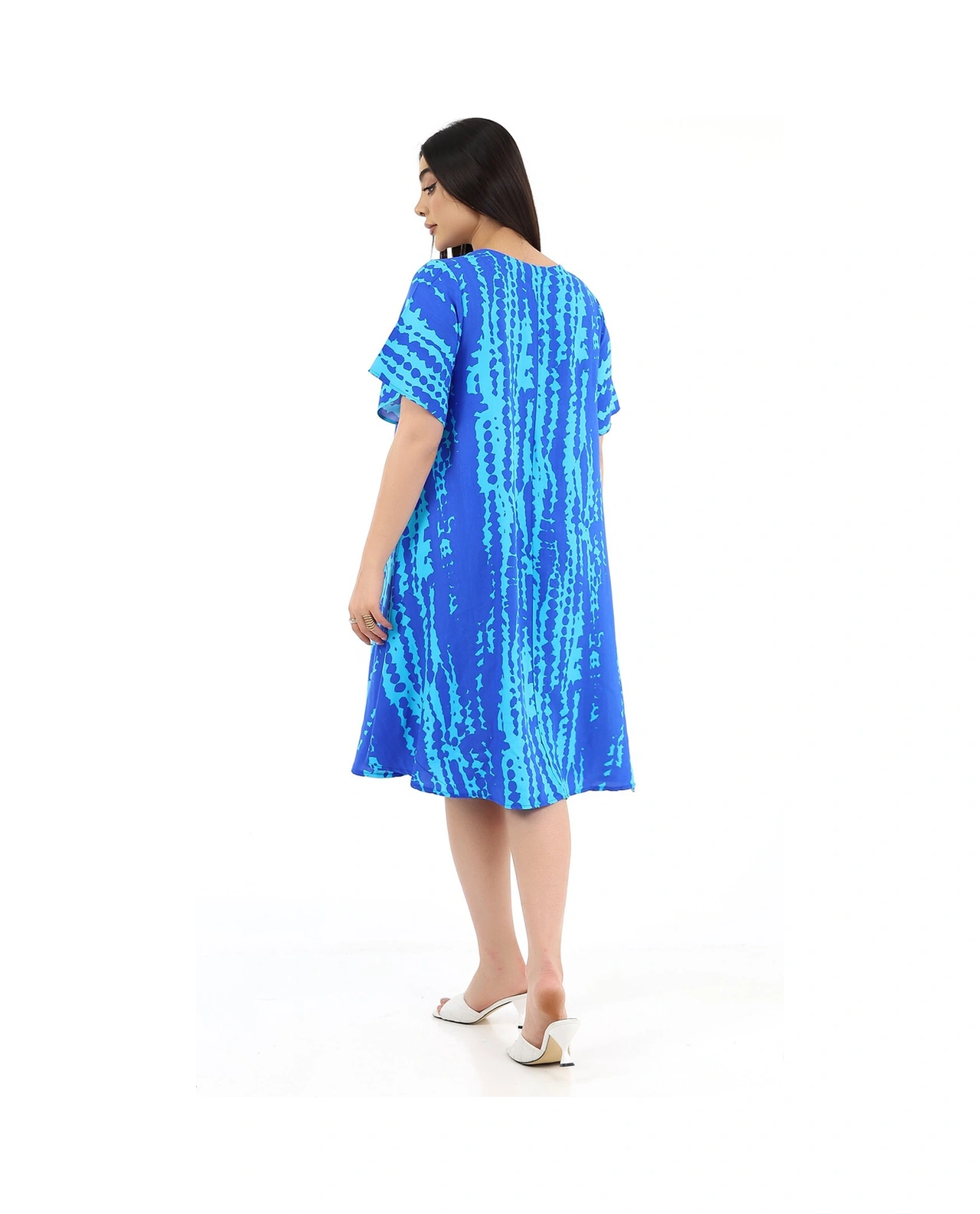 Schık Kadın Viskon Yarım Kol Kare Yaka Elbise Mavi Mavi